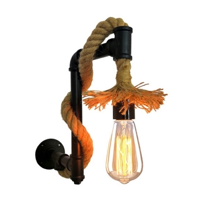 Black Water Pipe Metal Wall Sconce Hemp Rope Industrial 1 Bare Bulb Wall Lamp