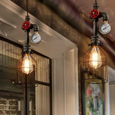 Bottle Shape Design Iron Pendant Light 1 Bulb Dining Room Hanging Pendant with Red Valve and Pipe Socket