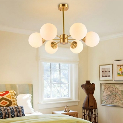 Brass Arm Modern Chandelier Milk White Glass Globe Shade 21.5 Inchs Height Living Room Restaurant Hanging Lamp