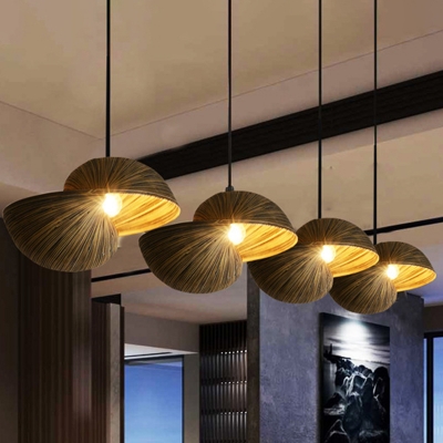 Brown Wood Hanging Lamp Chinese 1 Bulb Wooden Eye Shape Ceiling Pendant Light for Dining Room