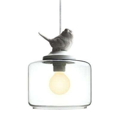 Clear Glass Canning Jar Pendant Retro Style Living Room Resin Bird Decoration 1-Bulb Hanging Lamp