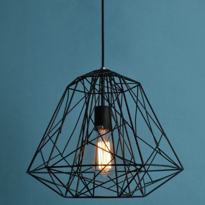 Iron Cage Industrial Living Room Pendant Geometry Black 1-Bulb Hanging Lamp
