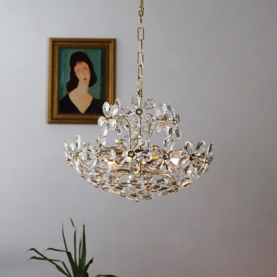 Luxurious Semi Flush Ceiling Light Accented with Clear Crystals and Graceful Flowers in Gold