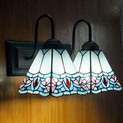 Mediterranean Style Vanity Wall Light 2 Bulbs Metal Arm Tiffany Vanity Light for Corridor Bathroom in Multi-Color