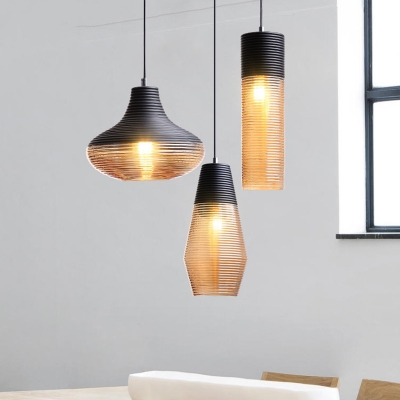 Metal Hanging Light Modernism Ribbed Glass 1 Light Pendant Lamp in Black for Dining Room