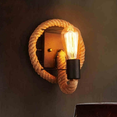 Natural Rope Industrial Wall Sconce Black Backplate 1-Bulb without Shade Wall Lamp