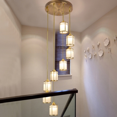 Prismatic Crystal Cylindrical Pendant Lamp Modernism Multiple Hanging Light for Stairway in Brass