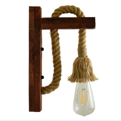 Wood Backplate Industrial Wall Sconce Natural Rope 1-Bulb without Shade Wall Lamp