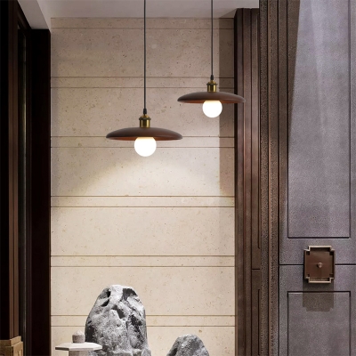 Wood Shade Modern Living Room Pendant Pot Lid 1-Bulb Hanging Lamp