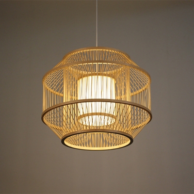 1 Light Simplicity Asian Pendant Bamboo Lantern Shade Circle Metal Ceiling Mount Single Pendant for Tearoom