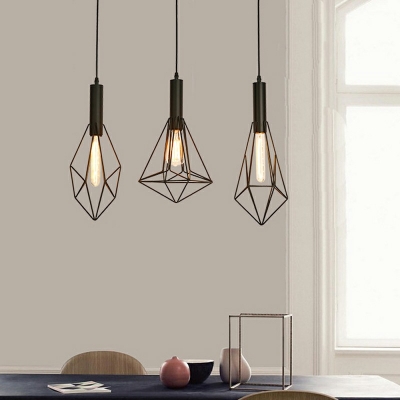 3 Lights Chandelier Industrial Black Metal Ceiling Hanging Light Fixture for Dining Room with Linear Canopy