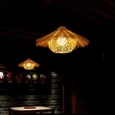 Asian Style Restaurant Beige Hanging Lamp Rattan Straw Hat Shaped 1-Bulb Pendant