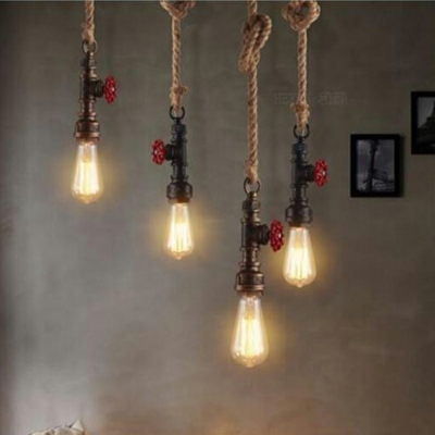 Bare Bulb Design Iron Pendant Light 1 Bulb 8 Inchs Height Dining Room Hanging Pendant with Red Valve and Pipe Socket