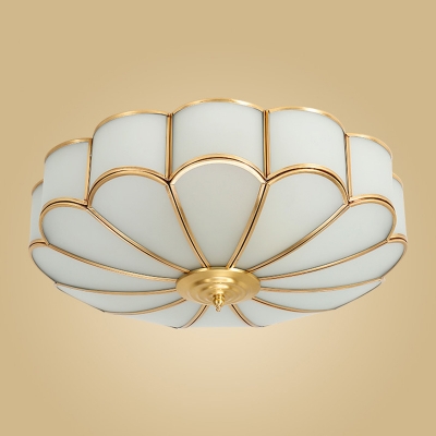 Curved White Glass Panel Flush Ceiling Light 4 Lights Classic Brass Dome 18 Inchs Wide Bedroom Flush Mount Lamp