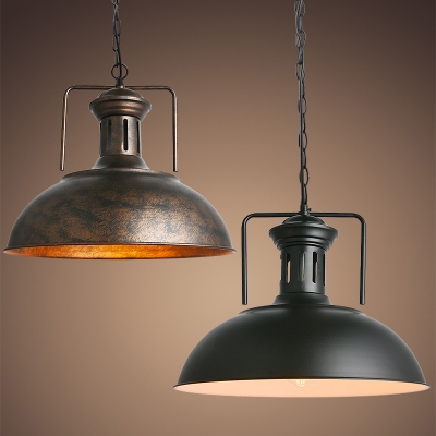 Iron Shade Pendant Industrial Restaurant Dome Form 1-Bulb Hanging Lamp with Handle