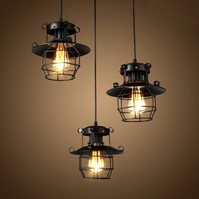 Metal Cage Design Mini Hanging Lamp Industrial 9 Inchs Wide Single Bulb Hallway Stairs Pendant Lights in Black