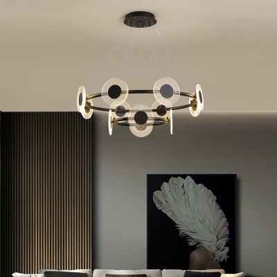 Modern Living Room Round Shade Suspension Lighting 2-Tier Metal Clear LED 12-Head Chandelier
