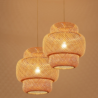 Modern Tiered Bamboo Pendant Lamp with 5 Inchs Canopy Width 1 Light Hanging Light Fixture in Wood