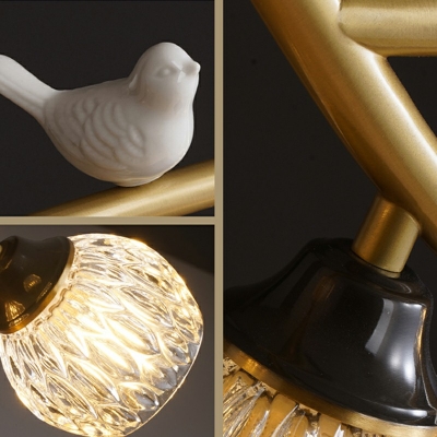 Pineapple Texture Glass Shade Island Light Ceramic Bird 4 Bulbs Brass Branch Shaped Lighting Fixture for Dining Room