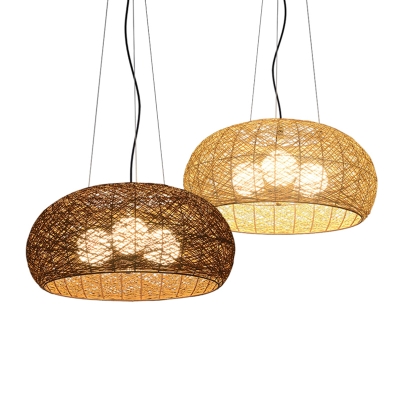 Retro Asian Ceiling Pendant with 3 Light Dome Bamboo Shade Circle Metal Mount Multi-Light Pendant Light for Bedroom