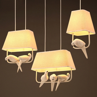 White Fabric Shade Pendant Modern Living Room Birds Decoration 2-Light Hanging Lamp