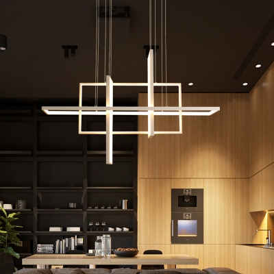 White Metal Frame Island Light Modern Kitchen Rectangle Crossed LED Island Fixture