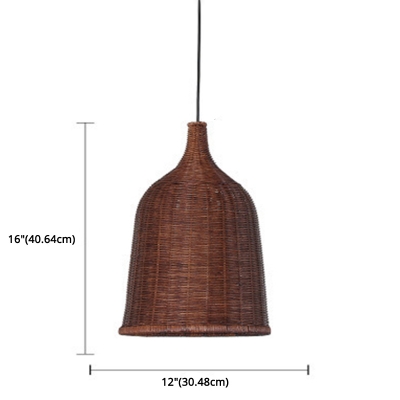 1 Light Traditional Pendant Bell Bamboo Shade Circle Metal Ceiling Mount Single Pendant for Dining Room