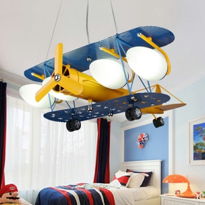 5-Lights Cartoon Shaped Hanging Light Propeller Airplane Design Children Room Lighting Fixture in Blue and Yellow and White