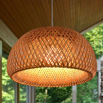 Asian Style Restaurant Beige 1-Bulb Pendant Bowl Shaped Bamboo Hanging Lamp