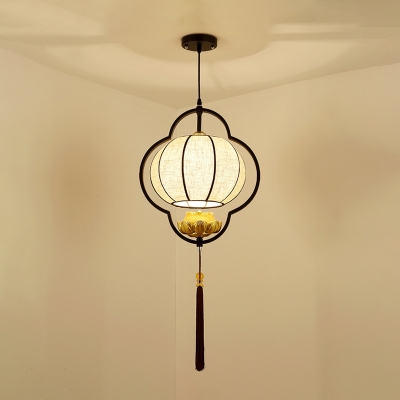 Black Flower Frame Pendant Modern Living Room Round Fabric Shade 1-Head Hanging Lantern