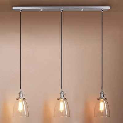 Industrial Living Room Metal Canopy Suspension Lighting Dome Clear Glass 3-Bulb Pendant