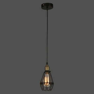 Iron Cage Black Pendant 7.5 Inchs Wide Industrial Living Room Diamond Form 1-Bulb Hanging Lamp