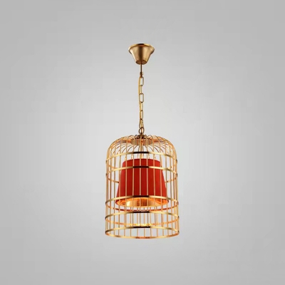 Metal Trapezoid Shade Pendant Lighting Restaurant Warehouse One Light Industrial Hanging Light with Golden Birdcage