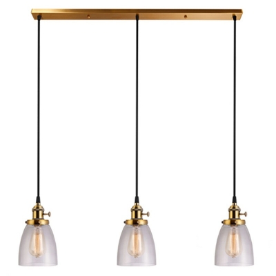 Retro Industrial Style Island Light with Transparent Glass Shade 3-Head Dining Room Hanging Pendant Lamp