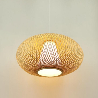 Round Bamboo Cage 1-Light Pendant Asian Style Restaurant Beige Hanging Lantern