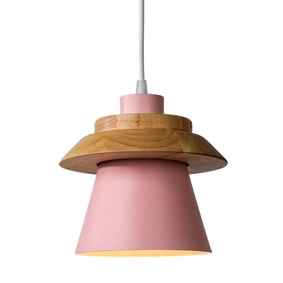 Wood Detail Nordic Living Room Pendant Aluminum Macaron Shade Bell 1-Head Hanging Lamp