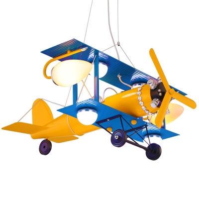 Yellow-Blue Pendant Metal Model Plane Kids Room 3-Head Hanging Lamp
