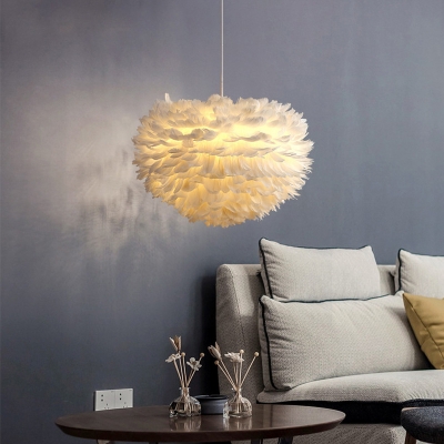 3 Light Modern Pendant Circle Metal Ceiling Mount White Feather Shade Multi Light Pendant for Living Room