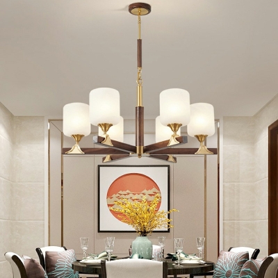 6 Lights Modern Chandelier Light Fixture Living Room White Glass 29.5 Inchs Wide Chandelier in Dark Wood