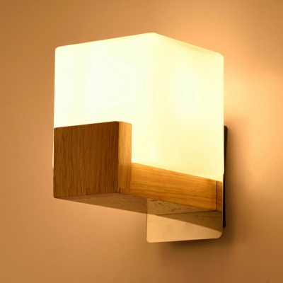 Cube White Glass Wall Lamp Carpenter Style Wood Shelf Wall Sconce