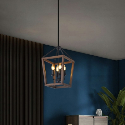 Dark Wood Industrial Living Room Suspension Light Candlestick 4-Bulb Chandelier with Square Frame