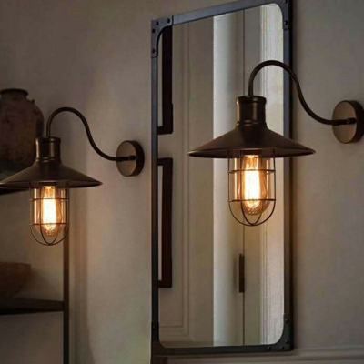Industrial Wall Sconce in Nautical Style 11 Inchs Height Single Light with Metal Cage in Black