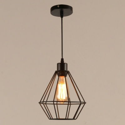 Iron Cage Black Pendant 8 Inchs Wide Industrial Living Room Diamond Form 1-Bulb Hanging Lamp