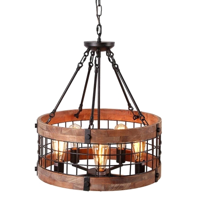 Metal Cage Drum Suspension Lighting Upwards Industrial Living Room Wood Rim 5-Bulb Chandelier