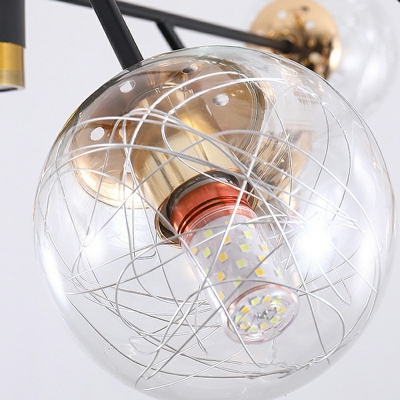 Modern Radial Hanging Chandelier Light Glass Globe Shade Metal Ceiling Chandelier in Black for Bedroom