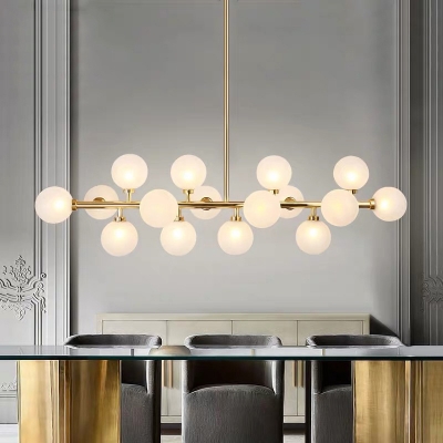 Postmodern Dining Room Metal Linear 16-Head Island Light Ball White Glass Island Pendant in Gold