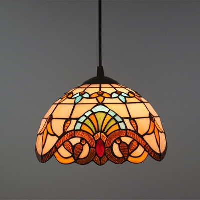 Stained Glass Bowl Pendant Lamp Victorian Style Ceiling Light for Balcony in Brown
