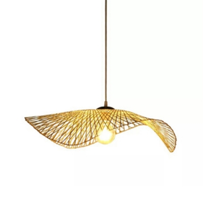 Straw Hat Design Pendant Asian Style Restaurant Beige Bamboo 1-Bulb Hanging Lamp