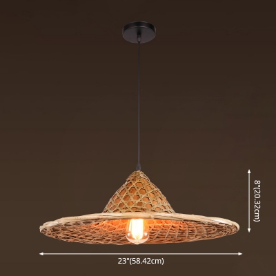 Straw Hat Suspension Light Chinese Bamboo in Wood 1-Light Restaurant Pendant Light Fixture