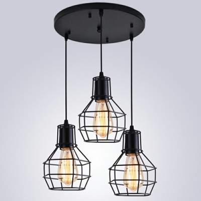 Vintage Industrial Style Three Light Cage LED Multi Light Pendant Light in Black Finish for Restaurant